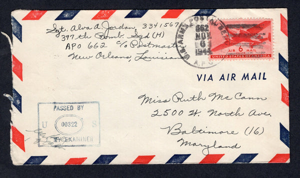 ECUADOR - 1944 - GALAPAGOS ISLANDS: Airmail cover franked with USA 1941 6c carmine AIR issue (SG A901) tied by U.S. ARMY POSTAL SERVICE A.P.O. 662 cds dated NOV 6 1944 of the US Military base on SEYMOUR ISLAND in the Galapagos. Addressed to USA, censored. Uncommon.  (ECU/17529)