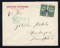 ECUADOR - 1911 - POSTAL FISCALS: Cover with 'Celestino Maldonado, Esmeraldas, Ecuador' firms imprint at top left franked with pair 1911 5c green 'Timbre Fiscal' REVENUE issue dated '1911-1912' tied by purple 'Target' cancel. Addressed to GERMANY with PANAMA TRANSIT cds on reverse.  (ECU/17632)
