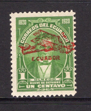 ECUADOR - 1923 - AIRMAILS: 1c yellow green 'Quito - Ibarra' SEMI OFFICIAL airmail issue with 'ECUADOR' AIRPLANE overprint in red. A fine mint copy. (Sanabria #S36, Bertossa #XXVII.a)  (ECU/17697)