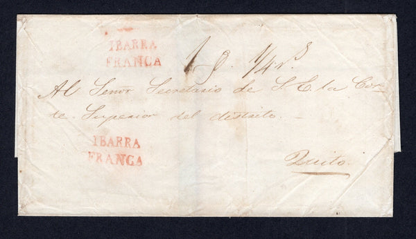 ECUADOR - 1850 - PRESTAMP: Circa 1850. Cover from IBARRA to QUITO with two fine strikes of two line IBARRA FRANCA marking in red, rated '¼r' in manuscript.  (ECU/2139)