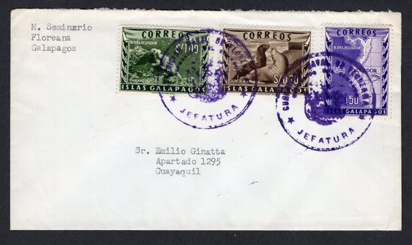 ECUADOR - 1957 - GALAPAGOS ISLANDS: Circa 1957. Cover franked 1957 20c sepia, 50c violet & 1s bronze green 'Galapagos' issue (SG 1/3) tied by two fine strikes of large GUARNICION NAVAL DE FLOREANA JEFATURA 'Arms' cancels in purple. Addressed to GUAYAQUIL. Scarce.  (ECU/2145)