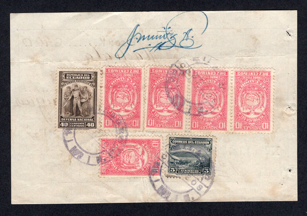 ECUADOR - 1947 - POSTAL FISCALS & CANCELLATION: Parcel post form franked with 1934 5c grey, 1942 40c sepia 'National Defence Fund' TAX issue  & 5 x 10c pink 'Litho' REVENUE issue inscribed 'Moviles' (SG 495a, 655a) all tied by undated MILAGRO CORREOS cancels. Addressed to MACHALA.  (ECU/2147)