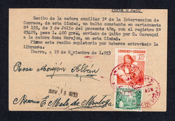 ECUADOR - 1953 - REGISTERED RECEIPT: Printed 'Correos del Ecuador' form franked on reverse by typed statement of receipt with 1953 2s red orange & 1952 20c blue green TAX issue (SG 979 & 967) tied by red CORREOS DEL ECUADOR IBARRA cds's.  (ECU/2157)