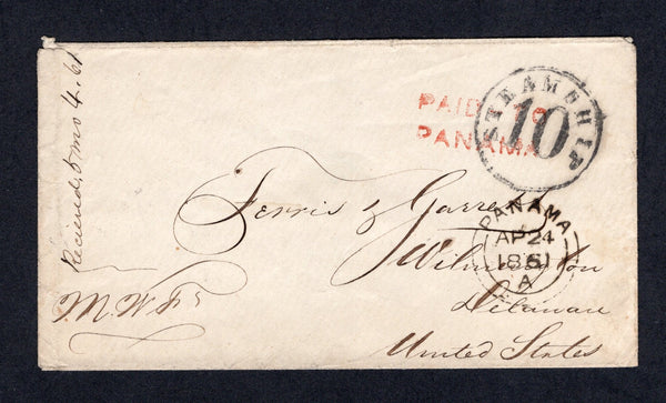 ECUADOR - 1861 - BRITISH POST OFFICES: Stampless cover with fine strike of GUAYAQUIL British P.O. cds on reverse dated AP 14 1861. Sent via the British P.O. in PANAMA with two line 'PAID TO PANAMA' marking in red and fine strike of PANAMA British P.O. cds on front. Addressed to USA with large circular 'STEAMSHIP 10' marking in black also on front. A nice item sent via two British P.O.s in Latin America.  (ECU/23558)