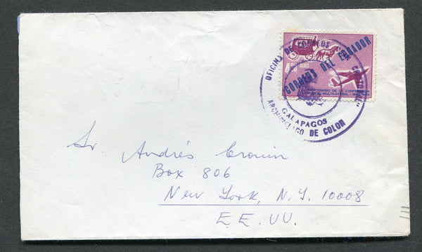 ECUADOR - Circa 1963 - GALAPAGOS ISLANDS: Cover franked with 1963 4s 20c blue & purple (SG 1231) tied by fine strike of large undated OFICINA DE CORREOS "SAN CRISTOBAL" GALAPAGOS ARCHIPELAGO DE COLON 'Arms' cancel in purple. Addressed to USA. Scarce commercial cover.  (ECU/24767)
