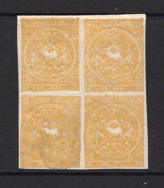 ECUADOR - 1865 - CLASSIC ISSUES: 1r orange yellow on porous paper, worn impression, a superb mint block of four with full O.G. and margins all round. Scarce multiple. (SG 2d)  (ECU/25490)