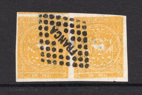 ECUADOR - 1865 - CLASSIC ISSUES: 1r yellow ochre on white quadrille paper. A superb pair used with central dotted 'FRANCA' cancel in black, margins all round. A nice multiple. (SG 9)  (ECU/26368)