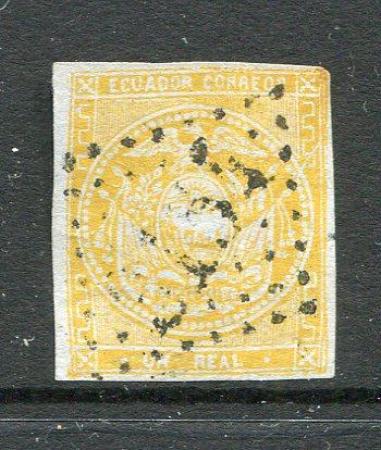 ECUADOR - 1865 - CLASSIC ISSUES: 1r dull yellow on thin transparent bluish wove paper, a four margin copy used with good complete strike of numeral '3154' Dotted Diamond (French type) cancel of QUITO in black. (SG 7)  (ECU/29910)