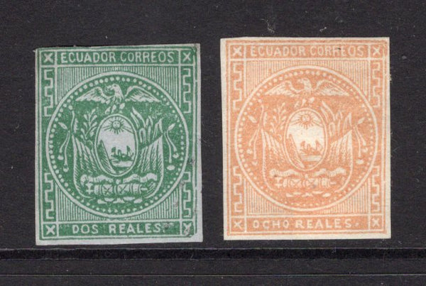ECUADOR - 1865 - BOGUS ISSUE: 'Dos Reales' green on greyish paper and 'Ocho Reales' yellow on white paper BOGUS 'First Issue', both fine mint. (As SG 1)  (ECU/29911)