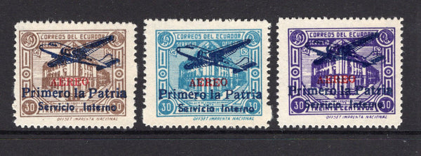 ECUADOR - 1947 - AIRMAILS: OFFICIAL issue with 'Primero la Patria! Servicio Interno AEREO' AIRPLANE overprint, the set of three unused with variety 'AEREO' OVERPRINT IN RED. Rare, only 1000 of each were printed. (Sanabria #209/211)  (ECU/29923)