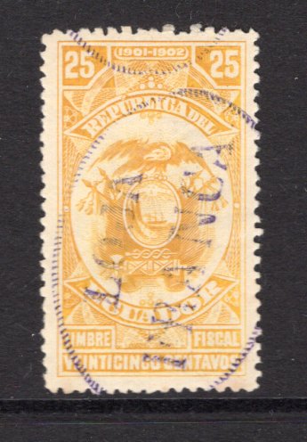ECUADOR - 1902 - FIREMARKS: 25c yellow 'Postal Fiscal' issue dated '1901-1902' with oval 'LOJA FRANCA' fire mark in violet, a fine unused copy. (SG Unlisted)  (ECU/29926)