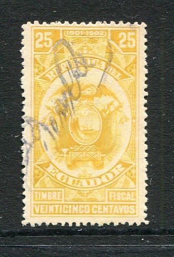 ECUADOR - 1902 - FIREMARKS: 25c yellow 'Postal Fiscal' issue dated '1901-1902' with GUAYAS 'Signature' fire mark in violet black, a fine unused copy. (SG Unlisted)  (ECU/29931)