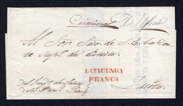 ECUADOR - 1852 - PRESTAMP: Folded cover with manuscript 'De Oficio' at top sent from LATACUNGA to QUITO with superb strike of two line LATACUNGA FRANCA marking in red. Very fine.  (ECU/29952)