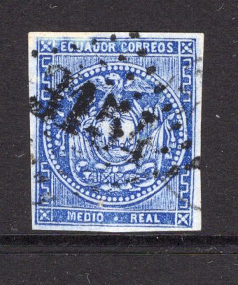 ECUADOR - 1865 - CLASSIC ISSUES: ½r deep blue on white wove paper, intermediate impression, a fine four margin copy used with good strike of numeral '3154' Dotted Diamond (French type) cancel of QUITO in black. (SG 1)  (ECU/31421)