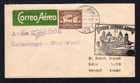 ECUADOR - 1932 - FIRST FLIGHT: Cover franked with single 1929 10c brown AIR issue (SG 460) tied by LATACUNGA cds dated 28 FEB 1932 with green airmail label alongside. Flown on the LATACUNGA - GUAYAQUIL first flight with illustrated first flight cachet in black & 'Avion Ecuador Latacunga - Guayaquil' handstamp in violet. Addressed to GUAYAQUIL with arrival cds on reverse. (Muller #88, 352 covers flown)  (ECU/31598)