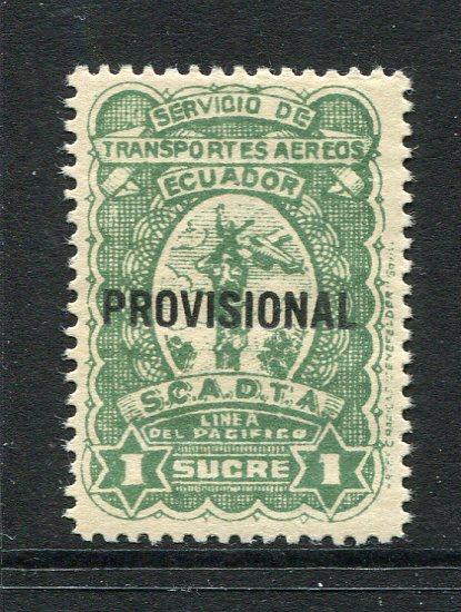 ECUADOR - 1928 - SCADTA & UNISSUED: 1s green SCADTA issue with 'PROVISIONAL' overprint in black PREPARED FOR USE BUT UNISSUED, a fine mint example with gum. When neither SCADTA or the government of Ecuador accepted these stamps the shipment was burned, with a few sheets of each value surviving. Scarce. (Bertossa #XXXI)  (ECU/31739)
