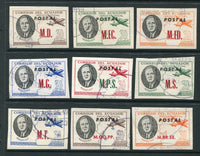 ECUADOR - 1949 - UNISSUED: 'Roosevelt' UNISSUED type, imperf inscribed 'AEREO' with 'POSTAL' overprint in black. The set of nine with the nine different official 'Departmental Letter' overprints fine cds used. (Bertossa #O.222/O.230)  (ECU/32840)