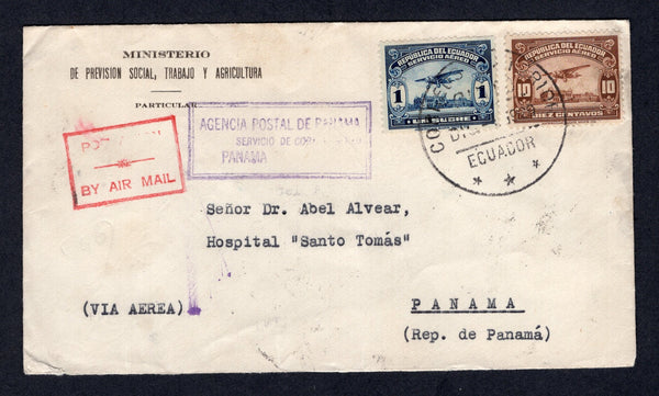ECUADOR - 1929 - AIRMAIL: Printed 'Ministerio de Prevision Social, Trabajo Y Agricultura' cover franked with 1929 10c brown and 1s blue AIR issue (SG 460 & 463) tied by large QUITO cds dated DEC 1 1929. Sent airmail to PANAMA with boxed 'AGENCIA DE PANAMA SERVICIO DE CORREO AEREO PANAMA' arrival mark on front and COLON Transit and PANAMA arrival cds's on reverse.  (ECU/32934)