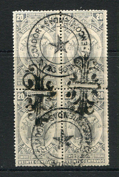 ECUADOR - 1902 - FIREMARKS: 20c grey 'Postal Fiscal' issue dated '1901-1902' with AZUAY 'Ornamental' fire mark in black, a superb cds used block of six showing the firemark applied across each vertical pair. A rare multiple. (SG F75)  (ECU/33150)