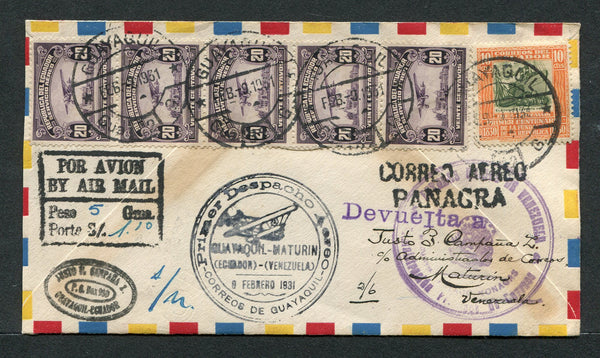 ECUADOR - 1931 - FIRST FLIGHT: Airmail cover with strip of five 1929 20c purple AIR issue & 1930 10c olive green & orange (SG 461 & 477) tied by GUAYAQUIL cds's dated FEB 9 1931. Flown on the Guayaquil - Port of Spain, Trinidad first flight with two line 'CORREO AEREO PANAGRA' marking in black & circular first flight cachet in black both on front & additional strike of the circular cachet on reverse. Addressed to MATURIN, VENEZUELA with large arrival mark on front.