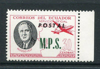 ECUADOR - 1949 - UNISSUED: 30c carmine rose & black UNISSUED 'Roosevelt' type on glazed paper inscribed 'AEREO' with 'POSTAL' overprint and 'M.P.S.' departmental official overprint in green and PERFORATED. A fine unmounted mint side marginal copy. (Bertossa #O.227 unlisted perforated)  (ECU/33359)