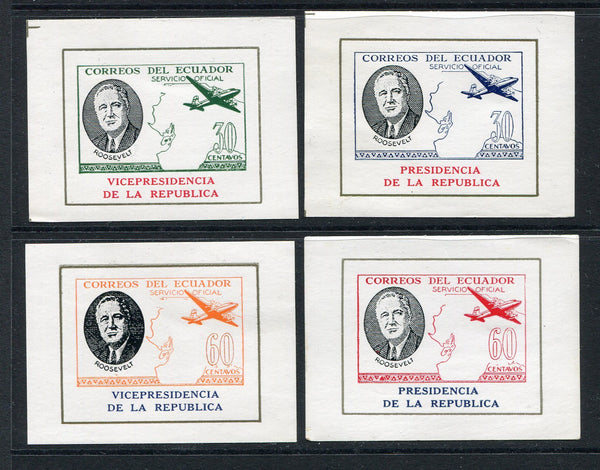 ECUADOR - 1949 - UNISSUED: UNISSUED 'Roosevelt' type inscribed 'PRESIDENCIA DE LA REPUBLICA' or 'VICEPRESIDENCIA DE LA REPUBLICA', the set of four (without AEREO inscription) on glazed paper fine mint. (Bertossa #O.258/O.261)  (ECU/33378)