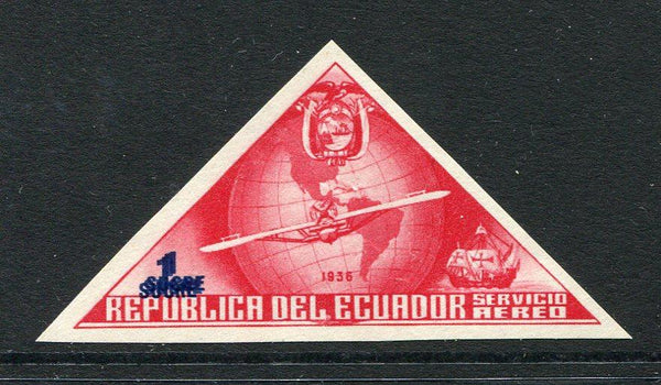 ECUADOR - 1939 - UNISSUED & VARIETY: 1s red & blue '447th Anniversary of Columbus's Discovery of America' TRIANGULAR issue, prepared for use but UNISSUED. A fine mint imperf example with variety 'I SUCRE' VALUE PRINTED TRIPLE. (Bertossa #XLVI variety)  (ECU/34287)