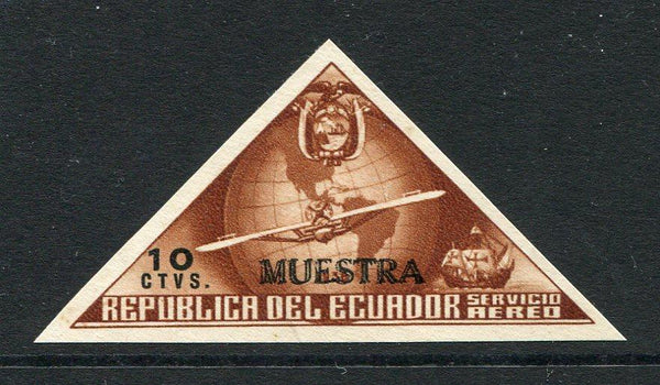 ECUADOR - 1939 - UNISSUED & SPECIMEN: 10c brown & black '447th Anniversary of Columbus's Discovery of America' TRIANGULAR issue, prepared for use but UNISSUED. A fine mint imperf example with variety 'MUESTRA' (Specimen) OVERPRINT DOUBLE. (Bertossa #XLIV)  (ECU/34290)