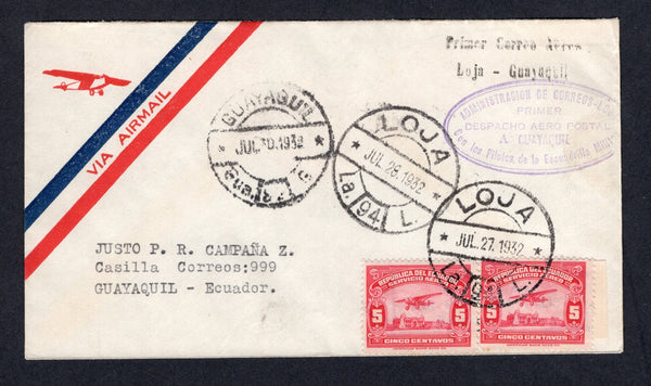 ECUADOR - 1932 - FIRST FLIGHT: Airmail cover franked with pair 1929 5c carmine AIR issue (SG 459) tied by LOJA cds dated JUL 27 1932 with second strike dated 28 JUL alongside. Flown on the Loja - Guayaquil first flight of the 30th July by the Military with two line 'PRIMER CORREO AEREO LOJA - GUAYAQUIL' cachet in black and oval 'ADMINISTRACION DE CORREOS - LOJA PRIMER DESPACHO AEREO POSTAL A GUAYAQUIL CON LOS PILOTOS DE LA ESCUADRILLA MILITAR' cachet in violet both on front. Addressed to GUAYAQUIL with arr
