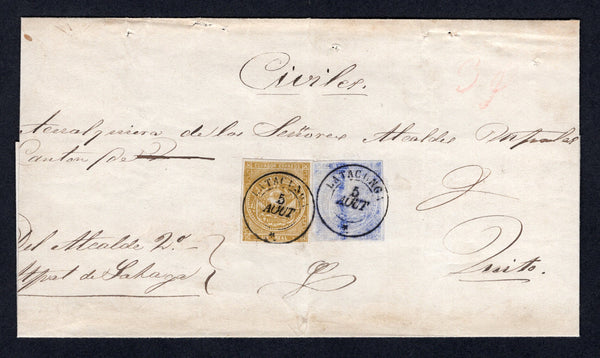 ECUADOR - Circa 1871 - CLASSIC ISSUES: Undated cover franked with 1865 1r bistre and 1871 ½r deep ultramarine on surface blued paper both with four margins (SG 2b & 6) tied by tow superb strikes of LATACUNGA cds. Addressed to QUITO. Fine & rare.  (ECU/34896)