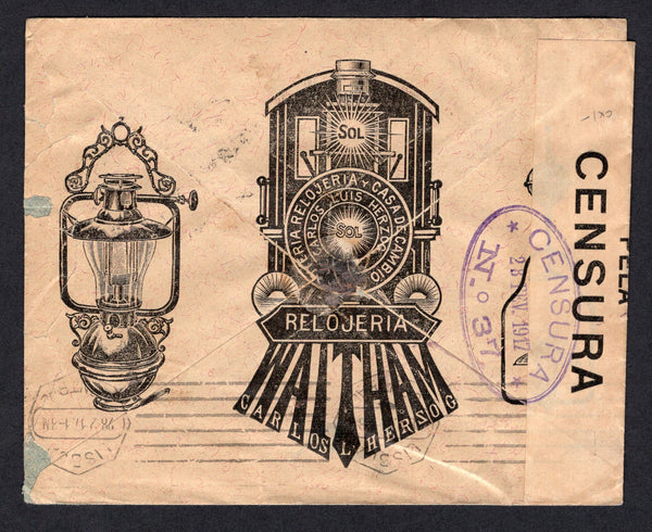 ECUADOR - 1917 - ADVERTISING & RAILWAY THEMATIC: Printed 'Sol Oil Lamp' advertising cover with large 'Locomotive' design on reverse franked with 10 x 1915 1c orange (SG 366) tied by GUAYAQUIL cds's dated 14 JAN 1917. Addressed to PORTUGAL, censored on arrival with printed black on white 'ABERTO PELA CESURA' censor strip tied by oval 'CENSURA No. 37' cachet in purple on reverse. Very attractive.  (ECU/34900)