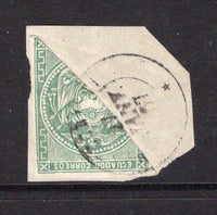 ECUADOR - 1865 - BISECT: 1r green on white wove paper, a fine DIAGONALLY BISECTED copy tied on piece by light GUAYAQUIL cds cancel dated 27 JAN 1867. Very scarce. (SG 3 variety)  (ECU/34910)