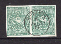 ECUADOR - 1865 - CLASSIC ISSUES: 1r green on white wove paper, a superb pair with large margins all round used with fine complete strike of RIOBAMBA cds dated 6 FEB 1867. A fine & scarce multiple. (SG 3)  (ECU/34913)