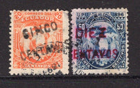 ECUADOR - 1896 - PROVISIONAL ISSUE: 'CINCO CENTAVOS' on 20c orange and 'DIEZ CENTAVOS' on 50c deep blue SEEBECK 'Arms' issue, the pair fine cds used. Uncommon & underrated. (SG 125/126)  (ECU/34923)
