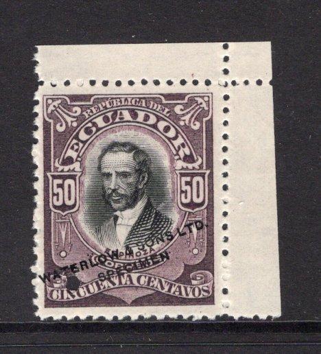 ECUADOR - 1907 - PROOF: 50c 'Espinoza' issue WATERLOW COLOUR TRIAL in black & purple perforated on ungummed paper with hole punch & 'Waterlow & Sons Ltd SPECIMEN' overprint in black. (SG 329)  (ECU/34942)
