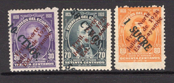 ECUADOR - 1928 - COMMEMORATIVES: 'Opening of the Railway between Quito and Cayambe' SURCHARGE issue, the set of three fine mint. (SG 431/433)  (ECU/34947)