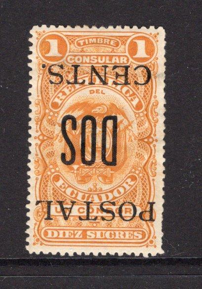 ECUADOR - 1912 - VARIETY: 2c on 10s deep yellow 'Surcharge' issue on CONSULAR REVENUES, a fine mint copy with variety OVERPRINT INVERTED. (SG 365a)  (ECU/34950)