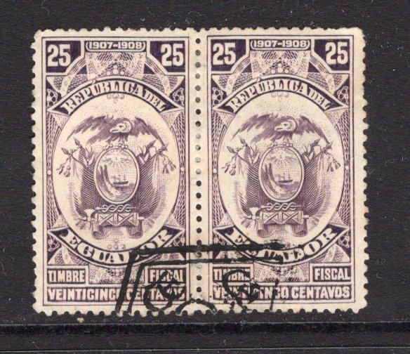 ECUADOR - 1908 - SCHOOL MARKS: 25c purple 'Postal Fiscal' issue, a mint pair with 'Diamond' SCHOOL MARK in black of Guayas across the base of the two stamps.  (ECU/34964)