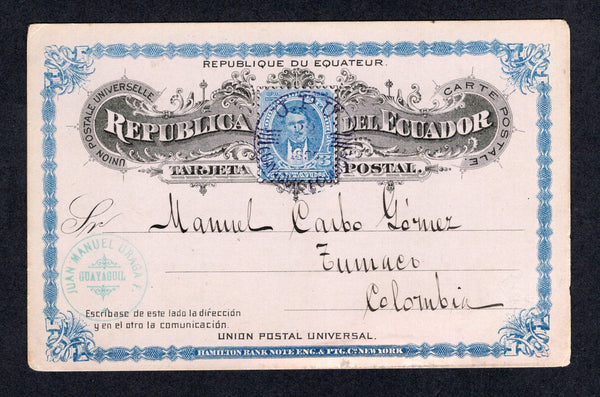 ECUADOR - 1895 - POSTAL STATIONERY & DESTINATION: 3c blue & black on light violet 'Seebeck' postal stationery card (H&G 13) used with GUAYAQUIL cds in purple dated 22 APR 1895. Addressed to TUMACO, COLOMBIA.  (ECU/35521)