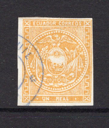 ECUADOR - 1865 - CLASSIC ISSUES: 1r orange buff on white wove paper, fine impression. A fine used four margin copy. (SG 2)  (ECU/36580)