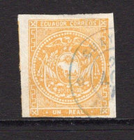 ECUADOR - 1865 - CLASSIC ISSUES: 1r orange buff on white wove paper, fine impression. A fine four margin copy, tight at lower left corner used with part GUAYAQUIL cds in blue. (SG 2)  (ECU/36581)