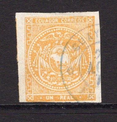 ECUADOR - 1865 - CLASSIC ISSUES: 1r orange buff on white wove paper, fine impression. A fine four margin copy, tight at lower left corner used with part GUAYAQUIL cds in blue. (SG 2)  (ECU/36581)