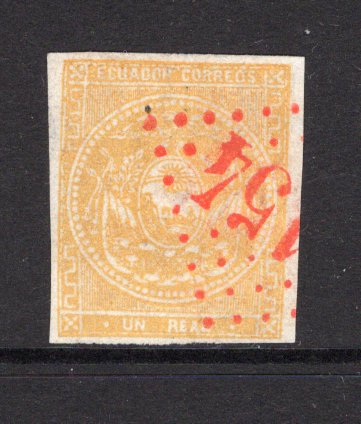 ECUADOR - 1865 - CLASSIC ISSUES: 1r chrome yellow on white wove paper, fine impression, a fine four margin copy used with part strike of numeral '3154' Dotted Diamond (French type) cancel of QUITO in red. (SG 2a)  (ECU/36587)