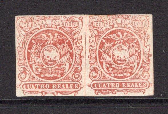 ECUADOR - 1865 - FORGERIES: 4r red 'First Issue' FORGERY, a fine mint pair showing the oval frame and circular frame types se-tenant. (As SG 4)  (ECU/36593)