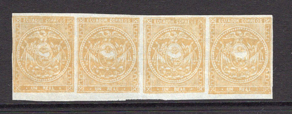 ECUADOR - 1865 - REPRINTS: 1r yellow on blued paper with ruled lines on reverse 'First Issue' REPRINT (with double frame lines at left) a fine unused bottom marginal strip of four. (As SG 6)  (ECU/36594)