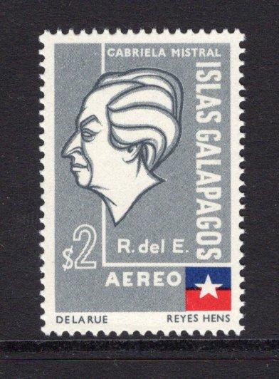 ECUADOR - 1957 - GALAPAGOS ISLANDS & UNISSUED: 2s grey, blue & red 'Gabriela Mistral' issue inscribed 'ISLAS GALAPAGOS' prepared for use but UNISSUED (later overprinted for use in Ecuador). A fine unmounted mint example. Uncommon. (SG 1233c, Bertossa #LVII)  (ECU/36663)