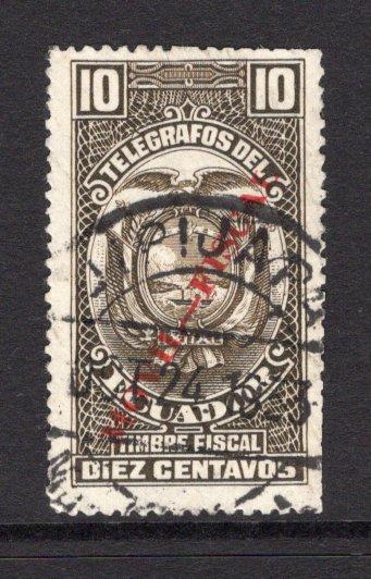 ECUADOR - 1923 - POSTAL FISCAL: 10c sepia 'Telegraph' issue with 'MOVIL - FISCAL' REVENUE overprint in red used with fine central strike of JIPIJAPA postal cds cancel dated OCT 24 1933. A couple of trimmed perfs at lower right but unusual.  (ECU/36687)
