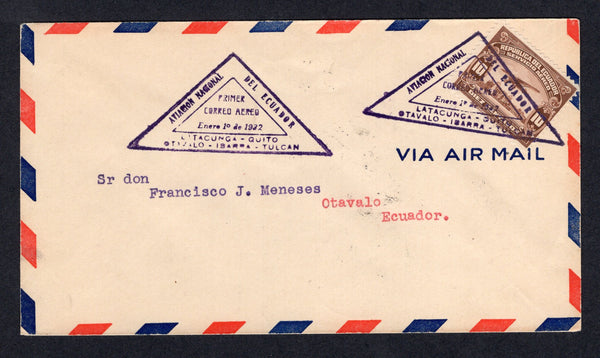 ECUADOR - 1932 - FIRST FLIGHT: First Flight cover franked with 1929 10c brown AIR issue (SG 460) tied by triangular 'AVIACION NACIONAL DEL ECUADOR PRIMER CORREO AEREO ENERO 1 DE 1932 LATACUNGA - QUITO - OTAVALO - IBARRA - TULCAN' cachet in purple with fine second strike alongside. Flown on the Latacunga - Otavalo leg of the flight. Addressed to OTAVALO with arrival cds dated 1 JAN 1932 on reverse. Very scarce and unlisted by Muller.  (ECU/37398)