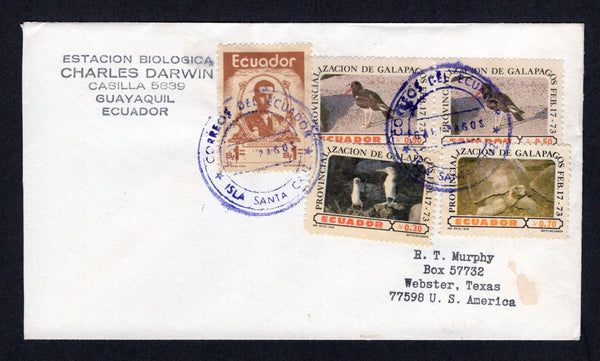 ECUADOR - 1975 - GALAPAGOS ISLANDS: Circa 1975 cover with printed 'Estacion Biologica, Charles Darwin, Casilla 5839, Guayaquil, Ecuador' franked with 1973 pair 30c, 50c and 70c 'Formation of the Galapagos' issue and 1974 1s light brown (SG 1524, 1526, 1528 & 1546) tied by two strikes of undated ISLA SANTA CRUZ GALAPAGOS cancels in purple. Addressed to USA.  (ECU/37403)