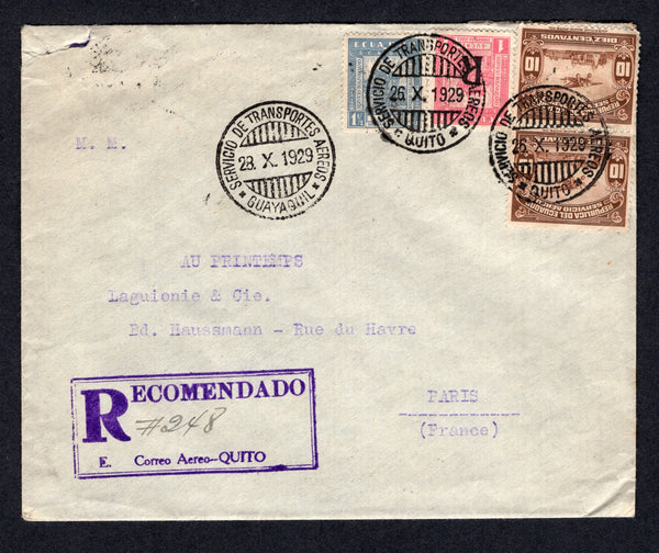 ECUADOR - 1929 - SCADTA: Registered cover franked with pair 1929 10c brown 'National' AIR issue and SCADTA 1929 1½s bluish grey and 1s rose red with 'R' Registration overprint (SG 460, 15 & R22) tied by QUITO SCADTA cds's dated 26 X. 1930 with boxed 'RECOMENDADO Correo Aereo - Quito' registration marking in purple alongside. Addressed to FRANCE with GUAYAQUIL SCADTA transit cds on front and BARRANQUILLA SCADTA transit cds on reverse. Scarce.  (ECU/38194)